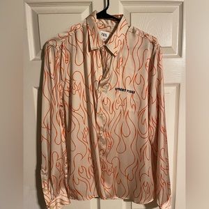 Zara Man Upbeat Vibes Satin Flame Print Shirt NWT